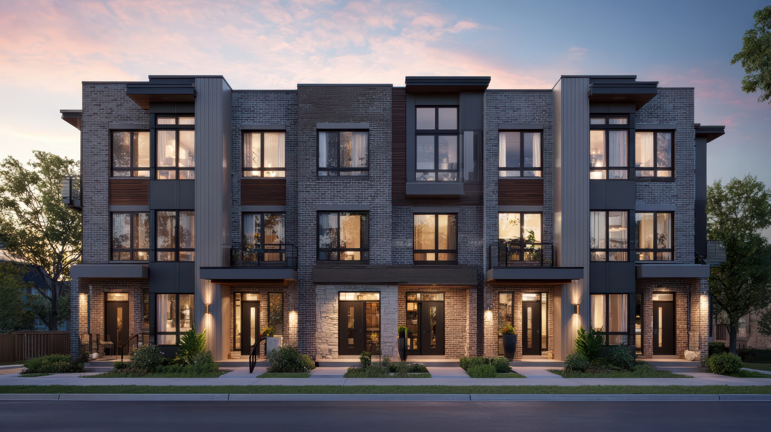 Rustic Elegance modern urban townhouses illuminated dusk scaled.jpg